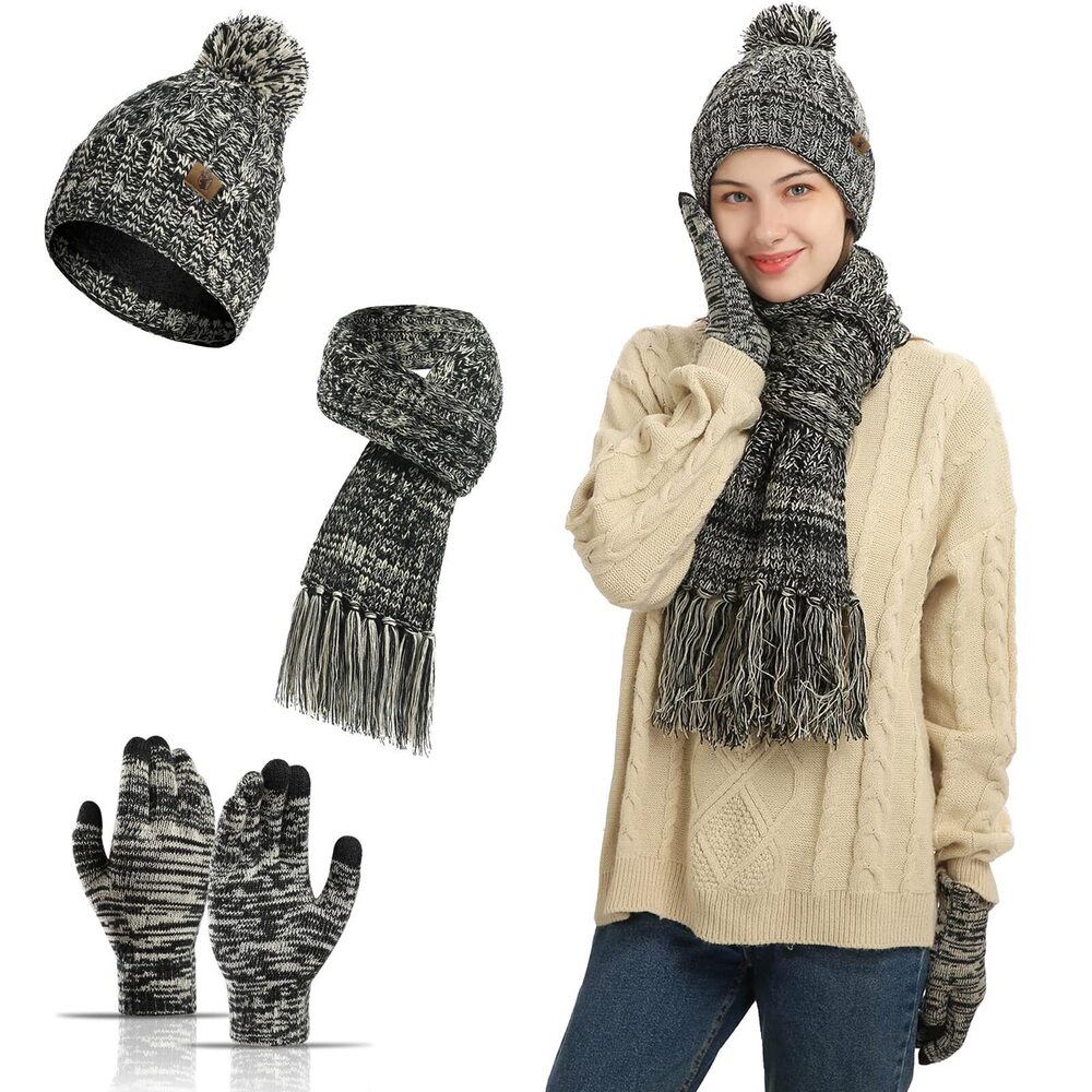 6479 3 in 1 Winter Beanie Hat Neck Warm Scarf and Touch Screen Gloves Set